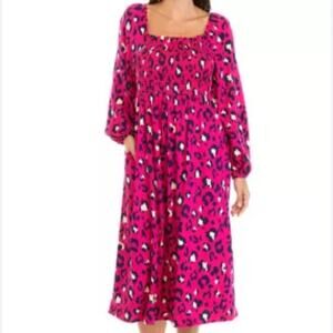 Crown & Ivy Leopard Print Smocked Bodice Long Sleeve Maxi Dress Pink Navy Small